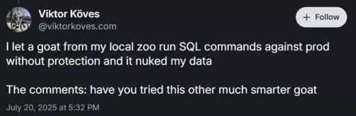 @victorkoves.com

I let a goat from my local zoo run SQL commands against prod without protection and it nuked my data

The comments: have you tried this other much smarter goat