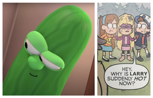 Panel 1: Larry has a confident smirk. Panel 2: Pacifica Northwest asks, “Why is Larry suddenly hot now?”