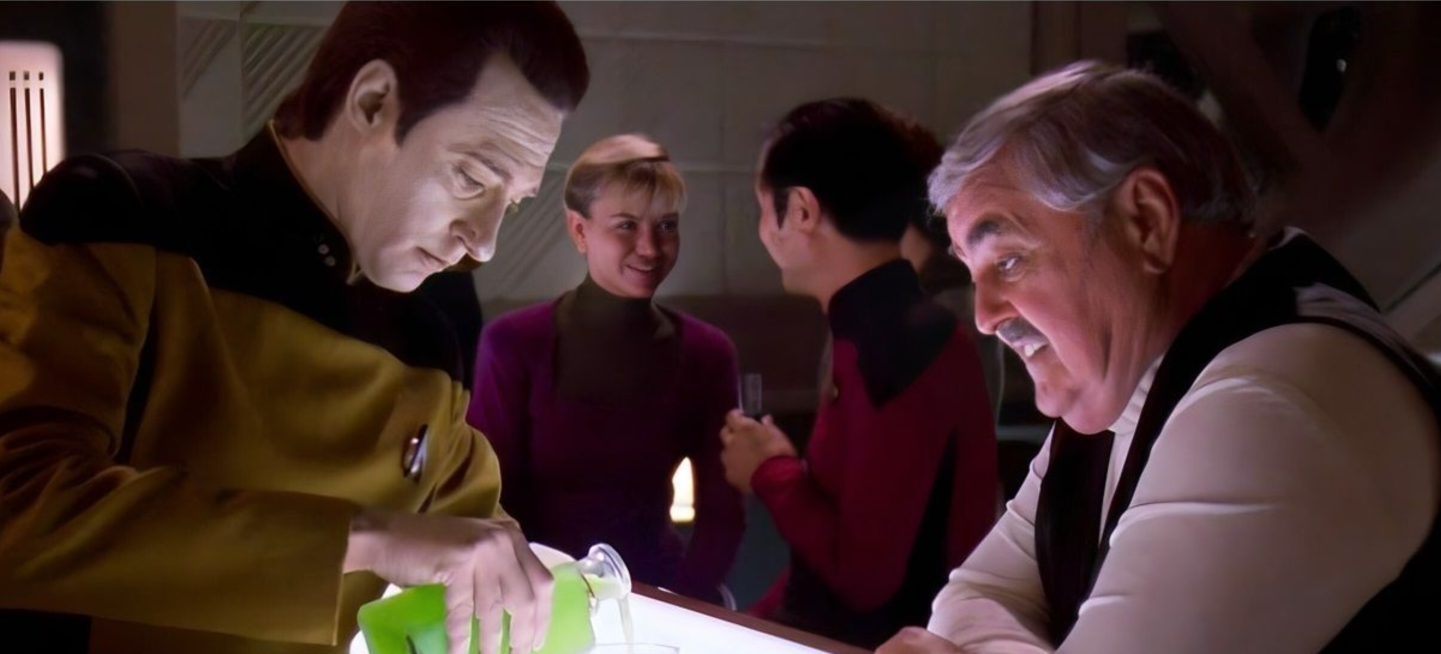 Data pouring one out with Scotty