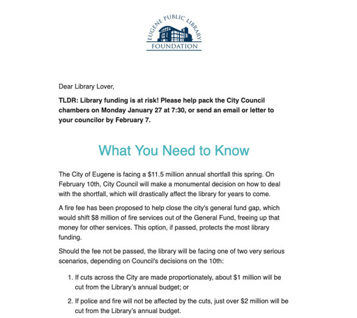 Eugene Library funding is at risk, please help pack the city council chamber Monday, Jan 27 - or send an email you your councilor by Feb 7