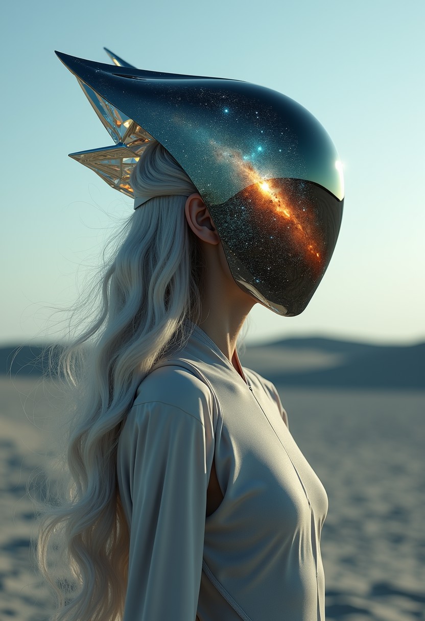 A person standing in a desert setting wearing a flowing, light-colored garment and oversized helmet that covers their face with a single ear and long white hair visible beneath it. The helmet bears a detailed with a depiction of outer space; stars, and a galaxy are visible across its surface with vibrant colors ranging from deep blues to warm oranges and yellows.