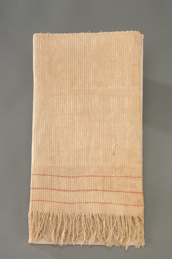 a tasteful white tea towel, waffle-weave, with three thin red stripes as accent used as the flag of surrender by the Confederacy