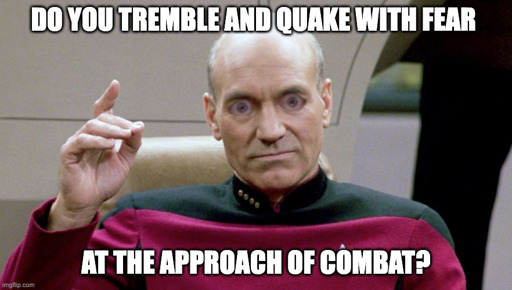 A photo of Jean-Luc Picard in his captain's chair with Gowron's eyes superimposed on his own. A quote is overlaid on the image: "Do you tremble and quake with fear at the approach of combat?"
