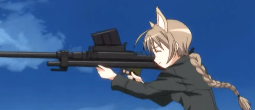 The character Lynette from the series Strike Witches, taking aim with a sniper rifle.