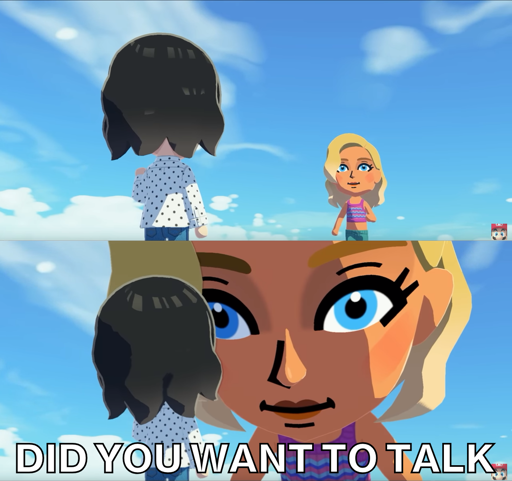 Two Tomodachi life screenshots. The first one shows a blonde woman walking towards another character with black hair whose back is turned to the viewer. In the second image, she is now directly in front of the black-haired character, a towering giant hovering over her. She says "Did you want to talk".