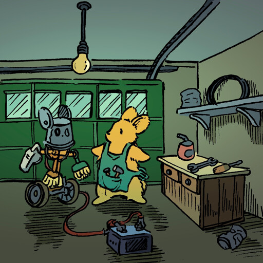 A bunny has made a haphazard robot, in their garage. The robot is made out of household items like brooms and lawnmower parts, with a bucket for a head. It doesn't seem like it would work, but the bunny is still proud of their creation