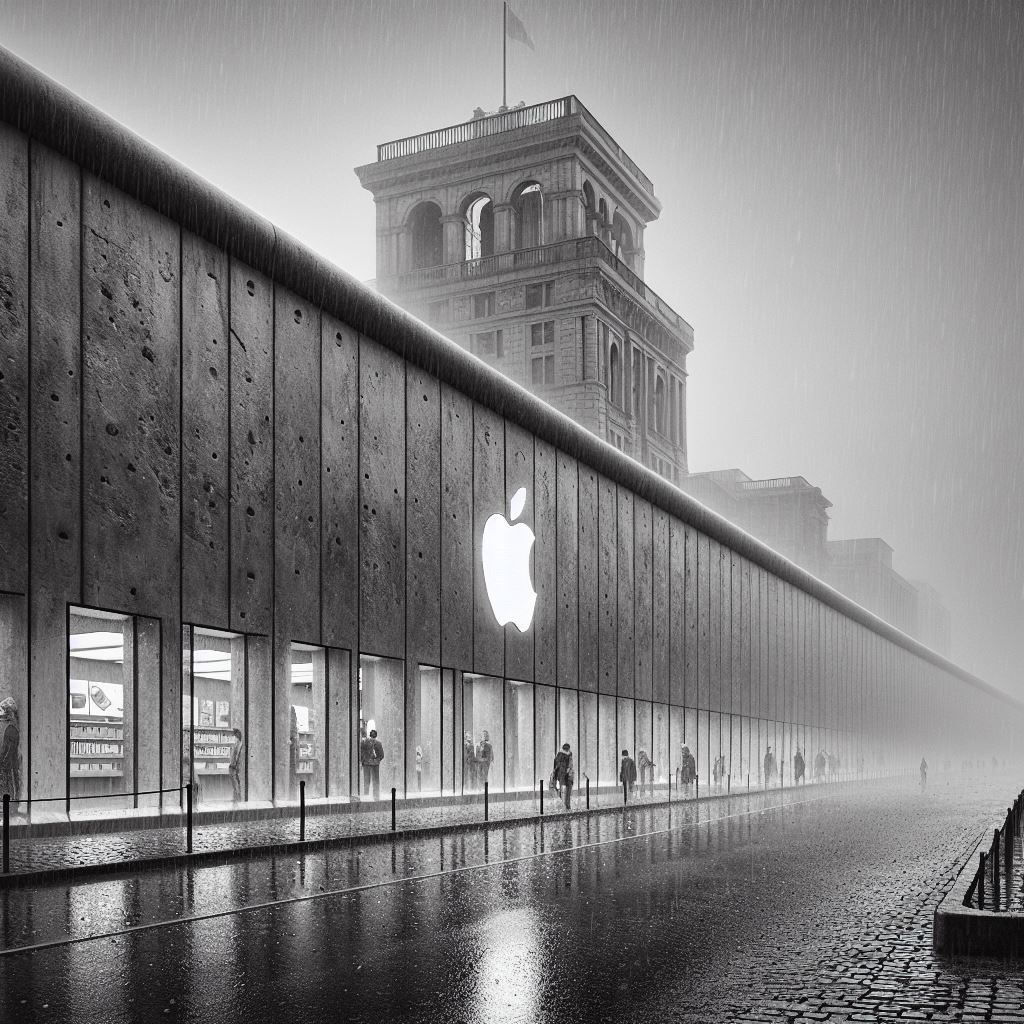 an AI generated black and white "picture" of Apple Wall inspired by the Berlin wall but with a huge apple logo and a row of Apple Store storefronts