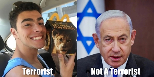 Left panel: Luigi Mangione holding a happy meal labelled "Terrorist". Right panel: Benjamin Netanyahu labelled "Not A Terrorist"