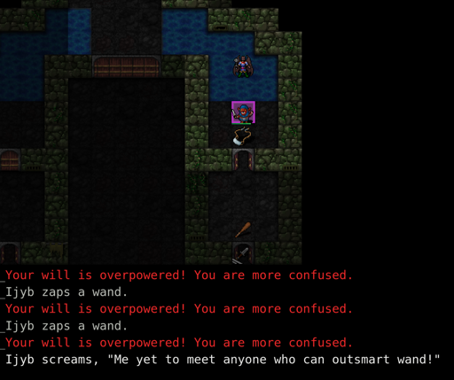 Screenshot from the game Dungeon Crawl Stone Soup, showing the player character flying above a lake, out of arm's reach of Ijyb, a goblin lady with a confusion wand. Ijyb is constantly using her wand and screams "Me yet to meet anyone who can outsmart wand!".