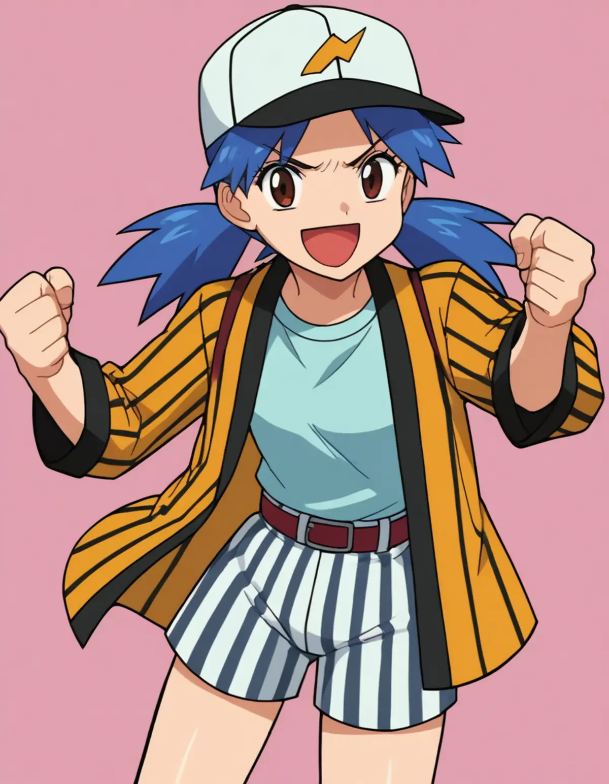 A girl with blue hair striking an enthusiastic pose is dressed in an outfit consisting of a white cap with a yellow symbol, a yellow-striped jacket, a blue t-shirt, and striped shorts. 