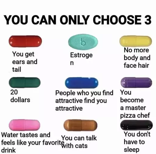 Title: You can only choose 3. Nine coloured pills are shown with text describing their effect underneath. From left to right, top to bottom, the colour of the pill and text: Red "You get ears and a tail," Estrogen pill "Estrogen," Yellow "No more body and face hair," Green "20 dollars," Blue "People who you find attractive find you attractive," Pink "You become a master pizza chef," Pink "Water tastes and feels like your favorite drink," Brown "You can talk with cats," Black "You don't have to sleep"