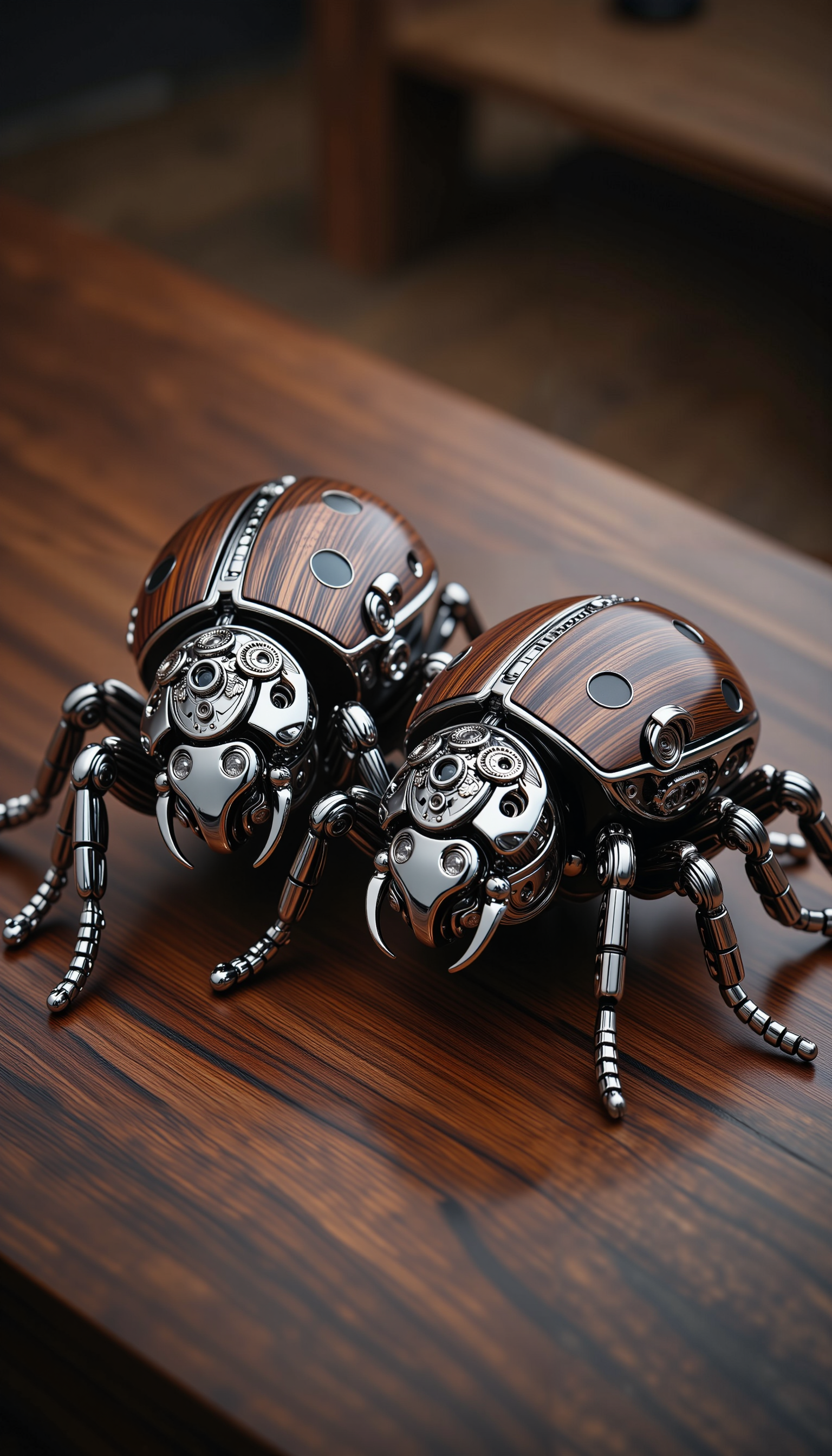 Two intricately designed robotic beetles resting on a polished wooden surface. The beetles are crafted with a high level of detail, featuring metallic components that mimic the natural form of real insects. The bodies of the beetles are segmented and have a reflective, chrome-like finish with dark brown wooden accents. 