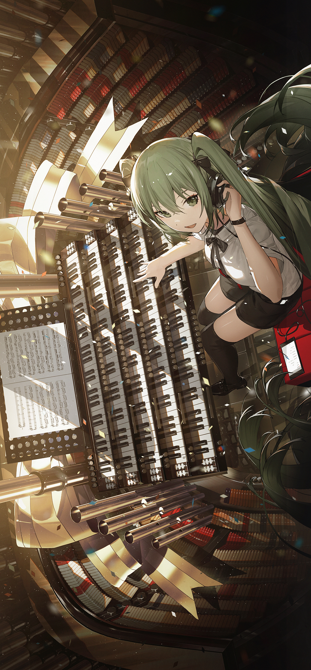 Miku playing an organ while listening to something on one ear