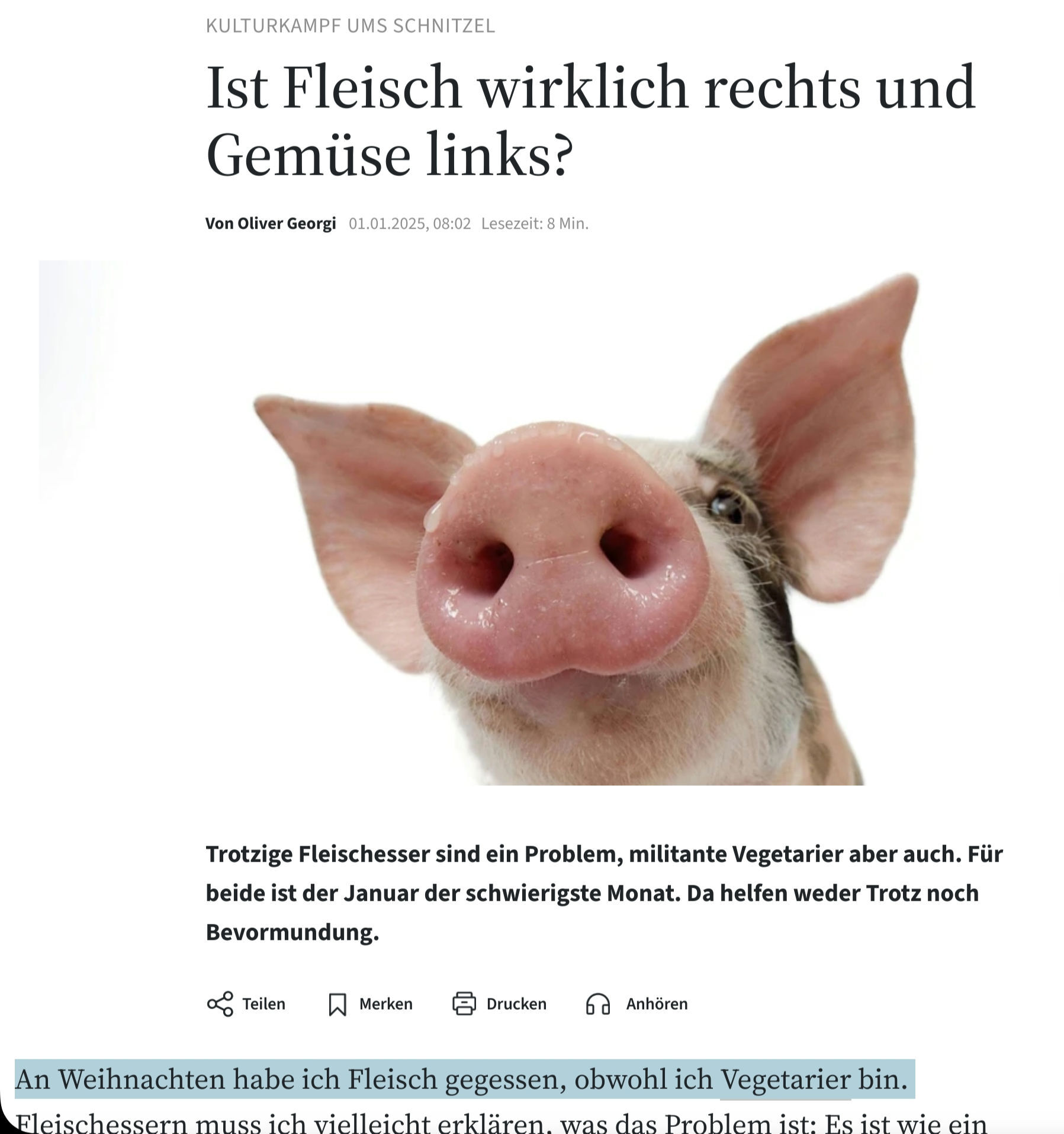 Screenshot eines Zeitungsartikels mit dem Satz: "An Weihnachten habe ich Fleisch gegessen, obwohl ich Vegetarier bin."