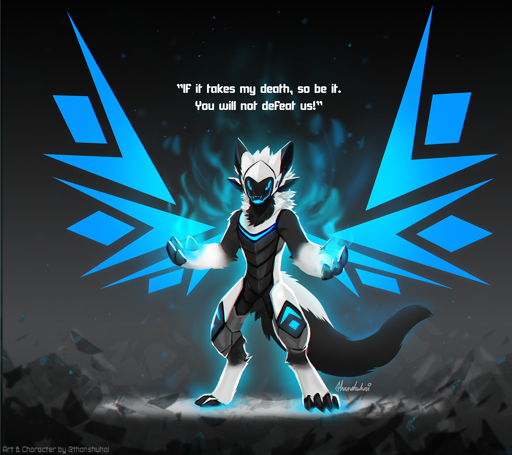 A protogen has blue magic in hands and blue wings. Protogen stands in dark place and says "If it takes my death, so be it. You will not defeat us!"