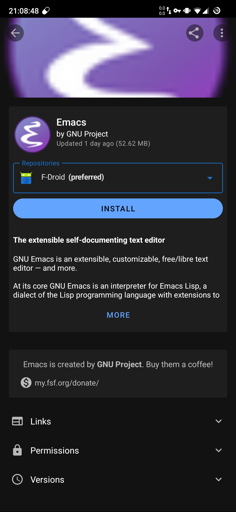 Screenshot of F-droid showing the emacs app page