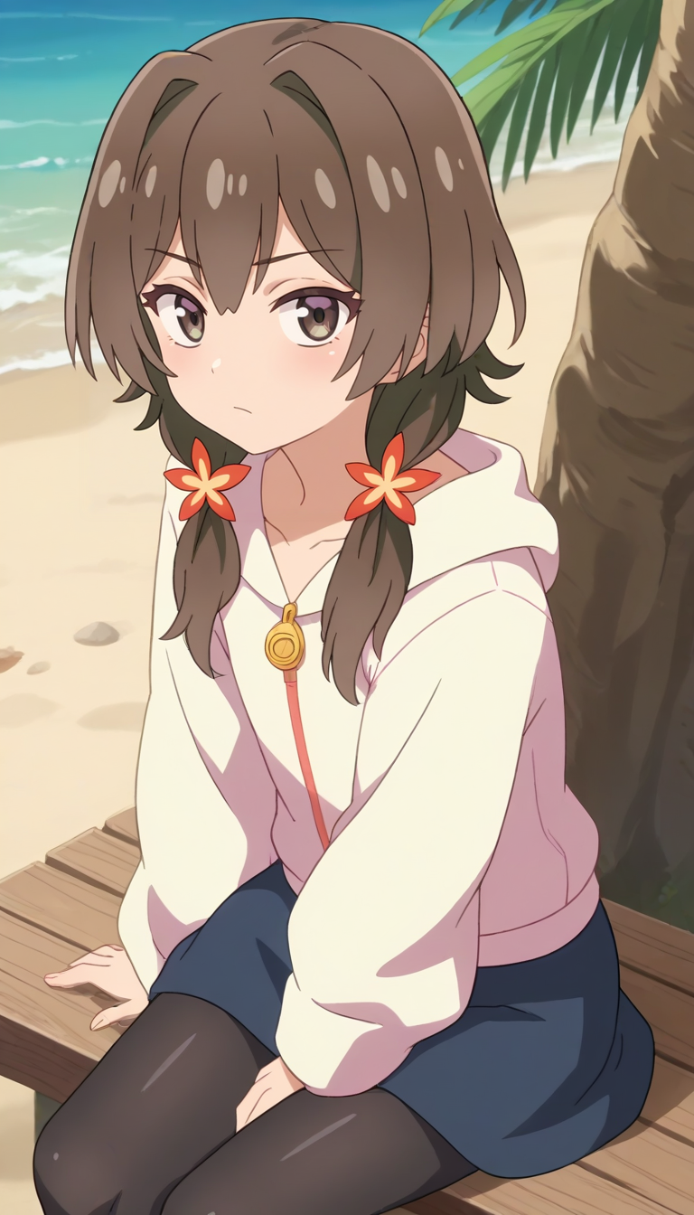 A girl with brown hair, styled in twintails with orange flower accessories. She wears a white hoodie with a red zipper, black stockings, and a navy blue skirt. She is sitting on a wooden bench on a sandy beach, with a palm tree and turquoise ocean in the background. 