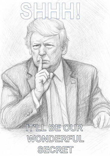 Trump with his finger over his lips,  a universal symbol, often used to tell someone to "SHHH" or to keep something private, Secret.