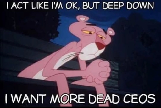 pic of a sad Pink Panther. caption: I act like I'm okay, but deep down I want more dead CEOs.