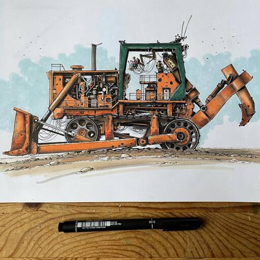 Drawing with markers of a highly detailed, and very vibrant, orange and green bulldozer-like machine with tiny people.