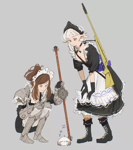 a sketch by Spindle of the characters Ottilie (on the left, a human with brown hair tied up in a pony tail) and Asimov (on the right, a half-elf with short white hair) both looking down at a white birb sleeping.

Both of them are wearing maid outfits but each is themed differently, Asi is more traditionally maid, with the exception of black boots and remington 700 held on her side/back. Whereas Otti is wearing a mix of armour and a maid fit holding a double-ended quarterstaff