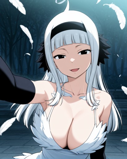 A woman with black eyes and long, straight white hair with blunt bangs and a single upright curl taking a selfie with her right arm extended toward the lens. She wears a white feathered plunging top with spaghetti straps, a black headband, and black feathered accessories behind her ears, while white feathers float in the air around her. She is outdoors at night on a stone-paved ground, with a background of dark, silhouetted trees against a hazy blue sky.
