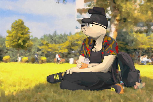 Black and white dog with blue eyes in glasses, black cap, pants, crop top, green and red Hawaiian shirt, black and green boots. He sits in a park under a tree and looks somewhere. Near him, there's a black backpack with an acrylic drawing of himself and a rabbit plush attached to it (though it looks indistinguishable due to the roughly painted look of the image).