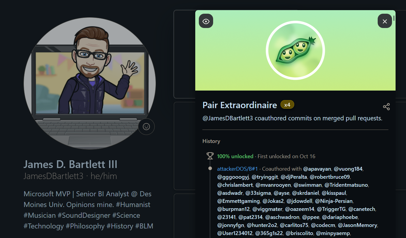 Screenshot from @JamesDBartlett3's profile on GitHub, with the "Pair Extraordinaire" award modal window displaying what appears to be co-authored commits on a repo called `attackerDOS/B`