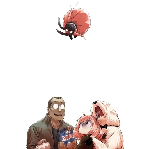 The sewing alchemist from Full Metal Alchemist approaches Anya and dog from Spy x Family with snacks. Justice swoops in from above in the form of an angry Yor. 