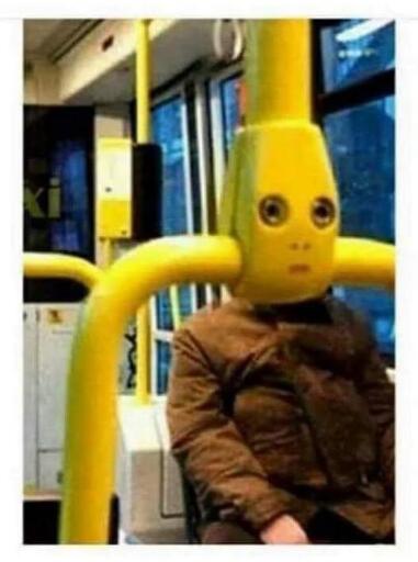 Ein Mann sitzt in einem öffentlichem Bus so, dass ein Verbinder der Haltestangen sein Gesicht ersetzt.