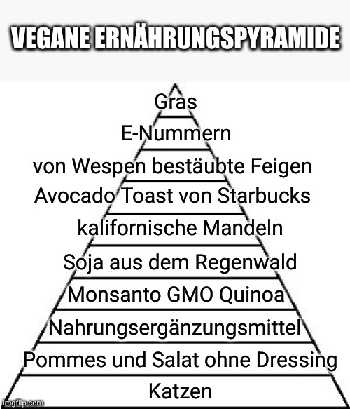 Vegane Ernährungspyramide mit lauter Kram, den sie nicht oder kaum konsumieren.