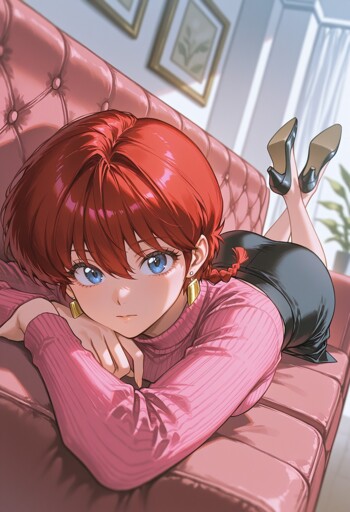 A young woman with blue eyes and short red hair lying prone on her stomach on a pink tufted leather sofa, resting her chin on her crossed hands. She wears a pink ribbed turtleneck sweater, a black mini skirt, gold earrings, and black high-heeled pumps with her legs bent upward at the knees. She is in an indoor room, with two framed botanical pictures hanging on the light-colored wall and a green potted plant visible in the background.