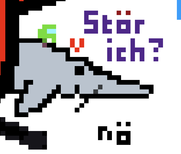 Bild von einem Stör, auf dem fediverse-canvas gepixelt, oben die aufschrift "Stör ich?" Unten die Antwort "Nö"