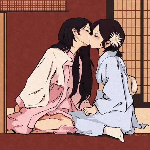 Drawing of two girls in traditional Japanese clothing kissing while sitting on tatami.