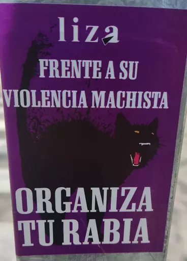 Pegatina pegada al poste de una señal de trafico de Liza Plataforma Anarquista De Madrid. Dice así: "Liza. Frente a su violencia machista organiza tu rabia". Fondo color morado y sobre éste un gato negro con el pelo erizado y ojos amarillos lanza un bufido muy agresivo.