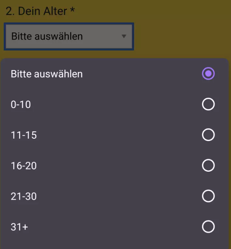 Altersauswahlmenü mit den Optionen 0-10, 11-15, 16-20, 21-30 und 31+