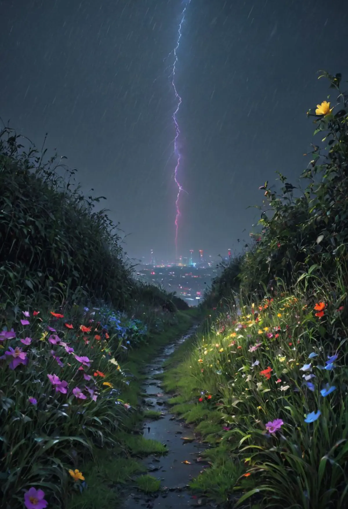 A narrow path lined with wildflowers leads towards a distant cityscape under a night sky. A single bolt of lightning strikes down, illuminating the darkened urban horizon and contrasting with the serene beauty of the natural foreground. 