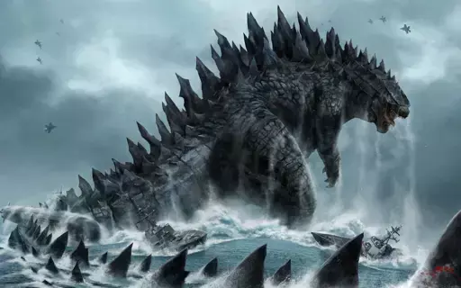 A painting of Godzilla, a titanic kaiju, rising out of a storm tossed blue-grey sea.  A naval ship is struggling in the churning waves below the titan’s front legs.  The serated top of the titan’s tail wraps around the left side of the field of view and into the foreground.