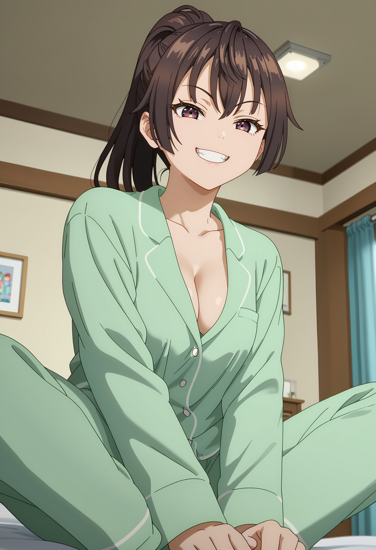 A young woman with brown eyes and long dark brown hair in a ponytail, wearing a green pajama set with a plunging neckline. She has a playful expression with a wide smile. The room is softly lit, with framed pictures on the beige wall, a window with blue curtains, and a nightstand visible in the background. 