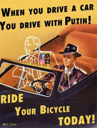 Putin as a ghost sitting in a car with the lone driver with the badges that represent Facebook, Twitter, Instagram and Threads.