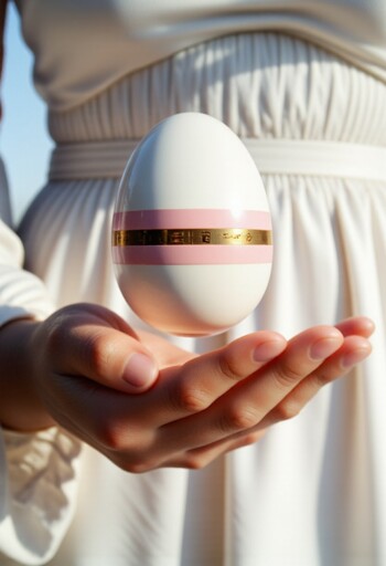A hand gently holds a decorative white egg adorned with two bands, one pink, and one metallic gold, floating slightly above the palm. The person holding the egg wears a white outfit with gathered fabric visible in the background. Soft, natural light illuminates the scene, highlighting the egg's smooth surface and the delicate bands encircling it.