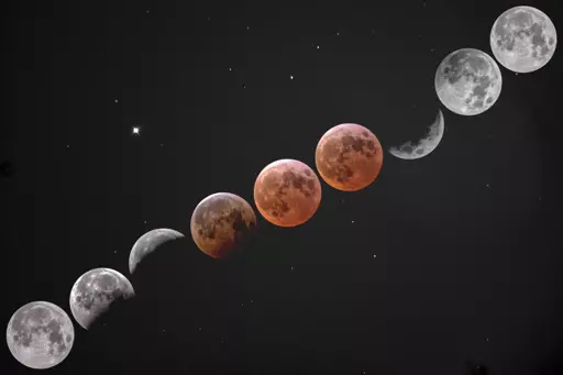 2025 total lunar eclipse phase photos lined diagonally across a picture of the starry night sky