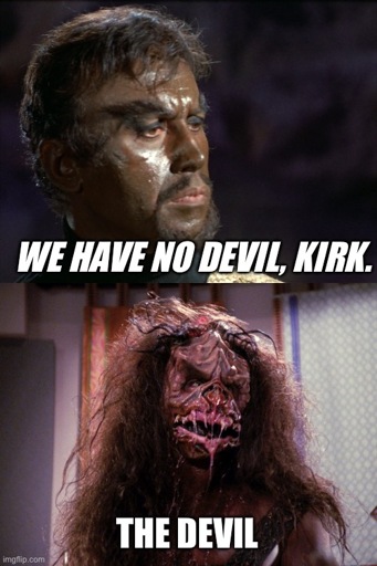 Top image is of Kang the text being the quote “We have no devil, Kirk”.

Bottom image is Fek'lhr with the text reading “The Devil”.
