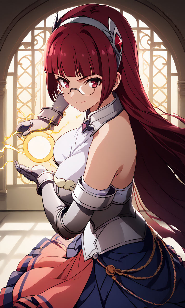 A bespectacled young woman with long red hair and red eyes. She wears a white, off-the-shoulder top, armored bodice with a detached collar, a blue and red skirt, and gray gauntlets. She is posed holding a glowing energy ball between her hands. The background shows an arched, ornate window with intricate patterns, casting a warm light.