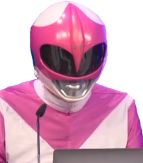 a hacker dressed as the pink Power Ranger on their laptop deleting a white supremacist website