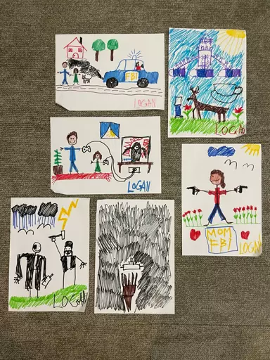 Several drawings in a children's style from Alan Wake 2