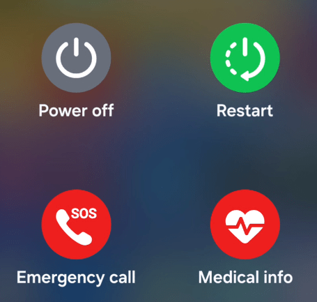 An Android smartphone's power menu, presenting four options. (1) Power off, (2) Restart, (3) Emergency call, and (4) Medical info. The buttons are arranged in a two-by-two grid, and the last two have red icons indicating critical importance.