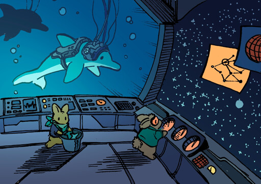 Bunnies are in a spaceship, looking at a chart showing an immense starfield. Behind them is a dolphin in a tank of water, with a futuristic helmet on it's head. While one bunny looks at the monitors, the second bunny has a bucket of fish for the dolphins