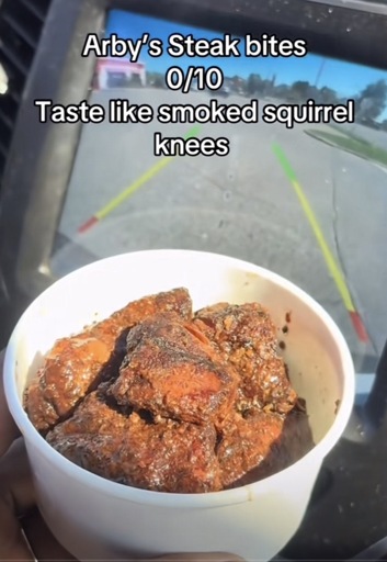 A bowl of Arby’s steak bites with the caption “Arby's Steak bites
0/10
Taste like smoked squirrel knees”