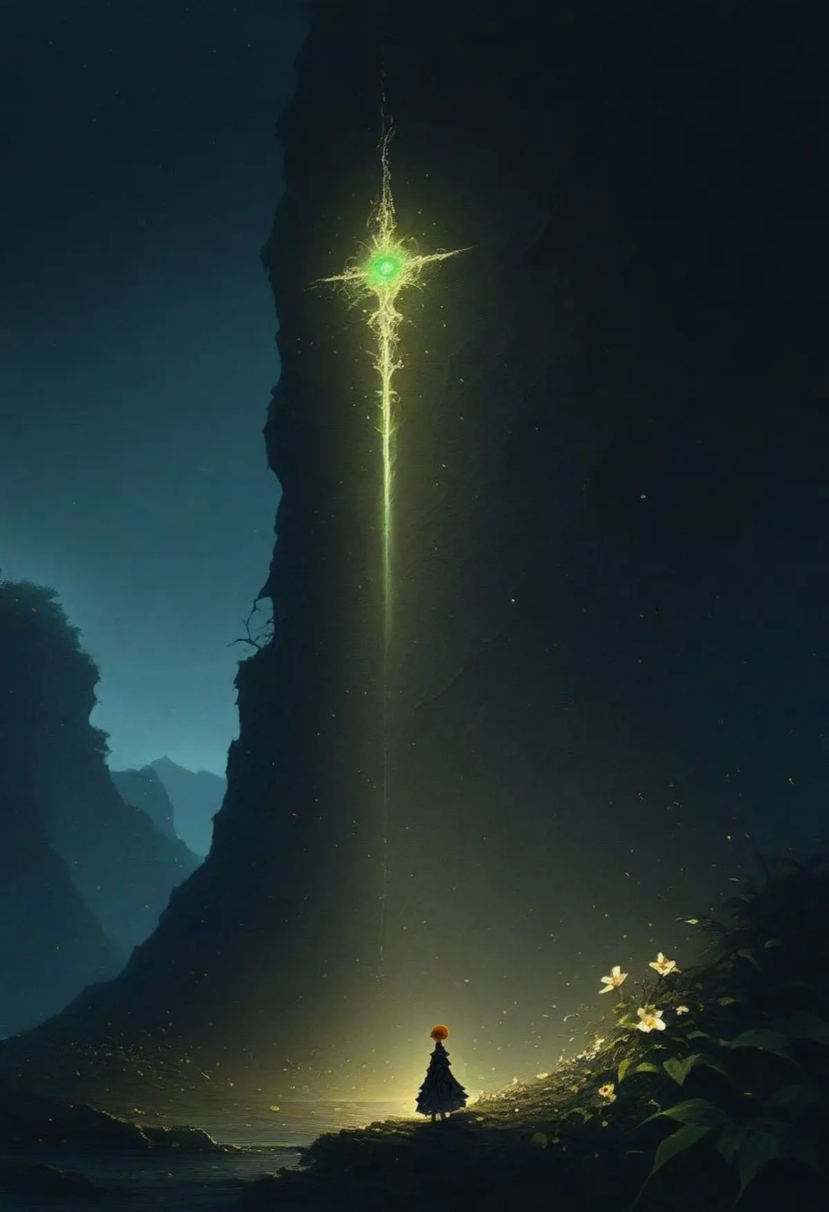 A lone figure standing at the base of a towering cliff with a bright green star etched into it that emits beams of light. The scene is dimly lit, with white flowers partially framing the view. 